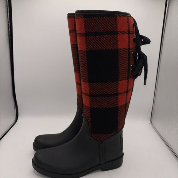 COACH Tristee Red Black Buffalo Plaid Fleece Lined Lace Up Rubber Rain Boots 6B - Picture 6 of 14
